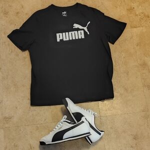 Puma Roma White And Black Tennis Sneakers With XL Puma Classic Logo Tee.